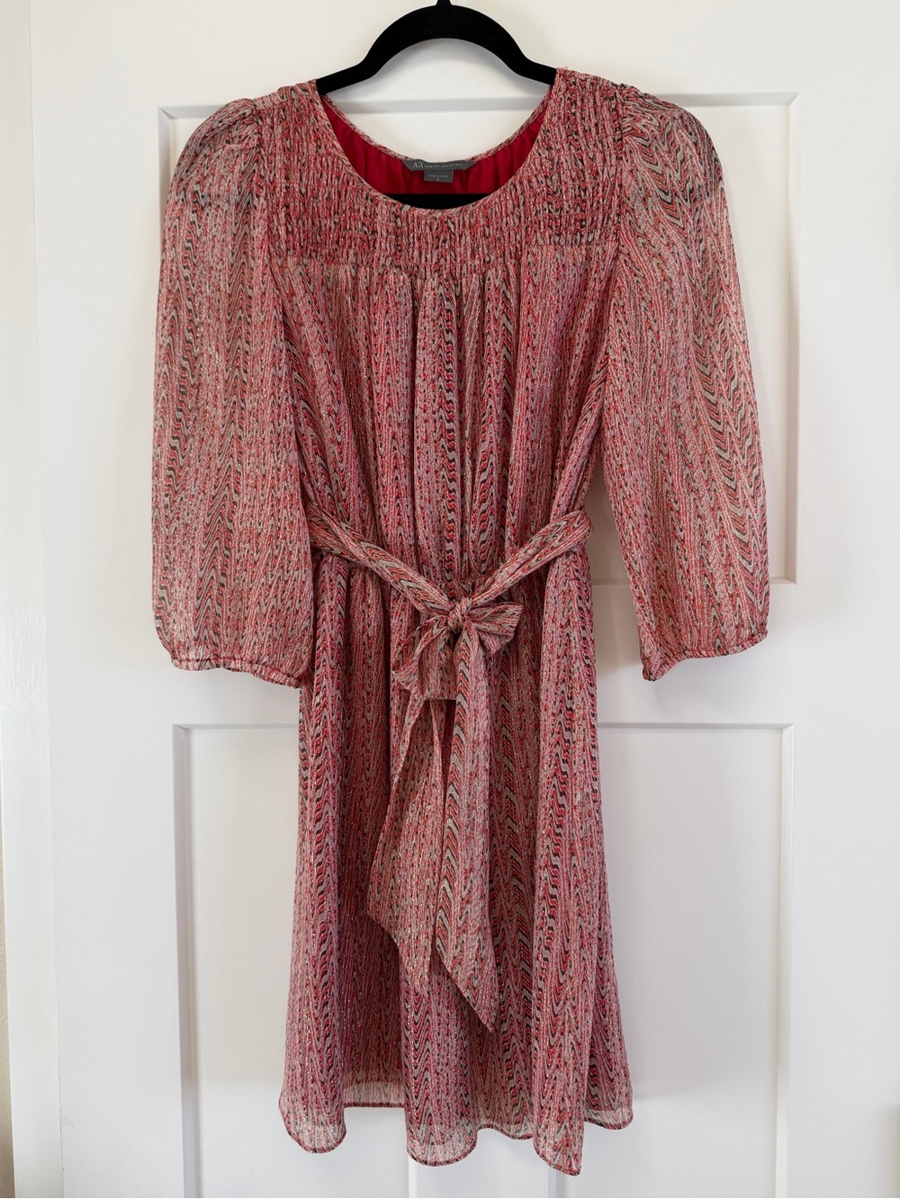 Armani Exchange dress, silk w/ metallic, deep pink tones, sheer/lined, size 2